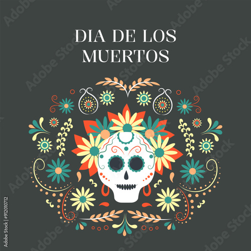 Dia de muertos, day of the dead. Female skull with flowers. Mexican holiday, festival. Greeting card, banner, poster. Vector illustration.