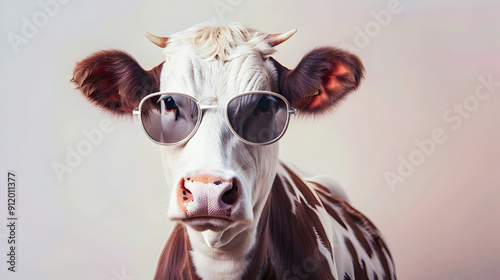 Humorous portrait of a cow wearing sunglasses posing in front of a plain studio background The animal has a quirky playful expression creating a surreal and unique image