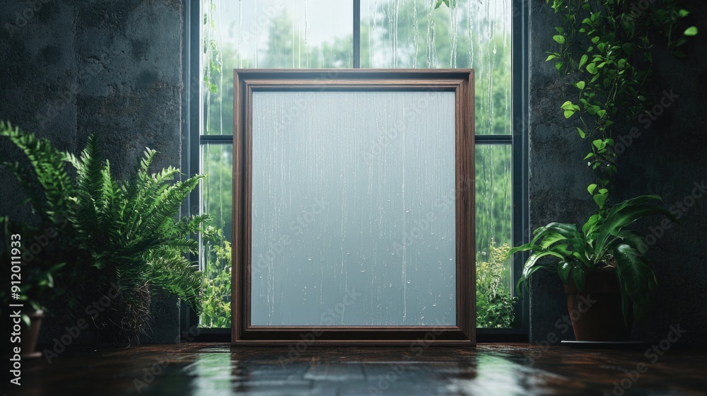 Moody Mockup of Blank Picture Frame Against Rain-Soaked Window Background Moody Mockup of Blank Picture Frame Against Rain-Soaked Window Background