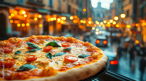 Fototapeta Naklejka Na Ścianę i Meble -  Authentic Italian Experience: Vibrant Double Exposure Silhouette of Pizza in Rome