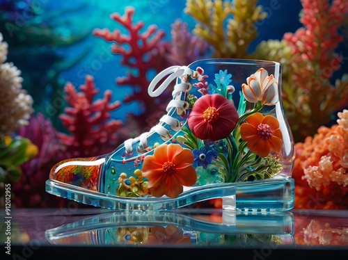 A transparent glass boot adorned with vibrant coral and floral designs symbolizes eco-friendly fashion, blending sustainability with artistic footwear.





 photo