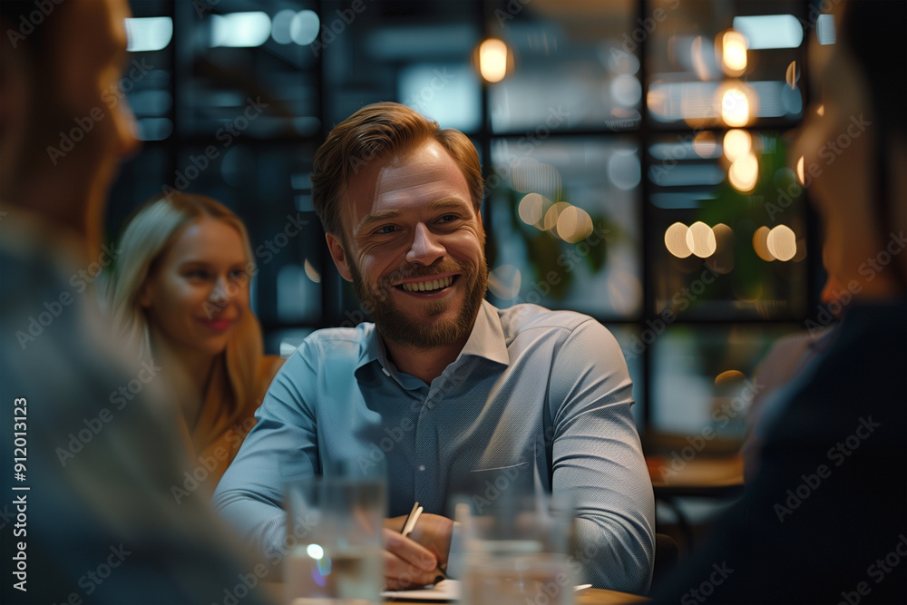 A middle-aged businessman with glasses at a business meeting, smiling and happy. A middle-aged businessman with glasses at a business meeting, smiling and happy.