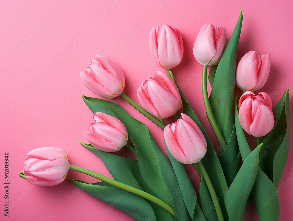 Fototapeta premium Pink Tulips Bouquet on Pink Background with Green Leaves