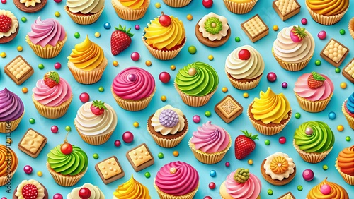 Seamless pattern of colorful cupcakes and confectionery for background design, cupcakes, confectionery, seamless