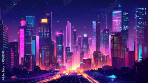 Wallpaper Mural Neon Cityscape with Street and Starry Sky Torontodigital.ca