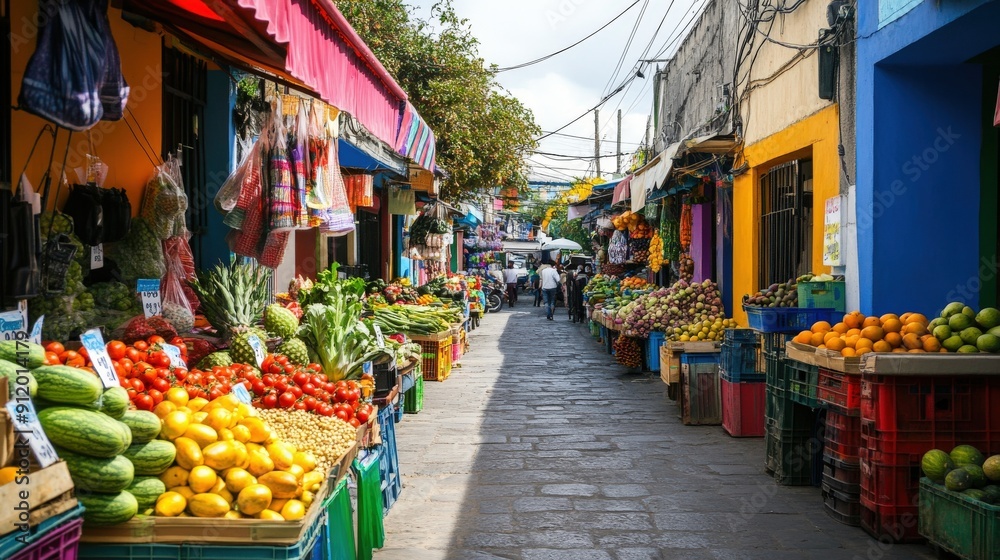 Fototapeta premium Colorful Street Market with Fruits and Vegetables