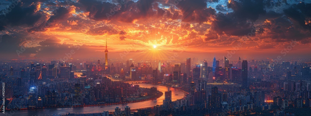 A stunning sunset view over the river with a city skyline illuminated by evening lights, blending urban architecture and natural beauty A stunning sunset view over the river with a city skyline illuminated by evening lights, blending urban architecture and natural beauty