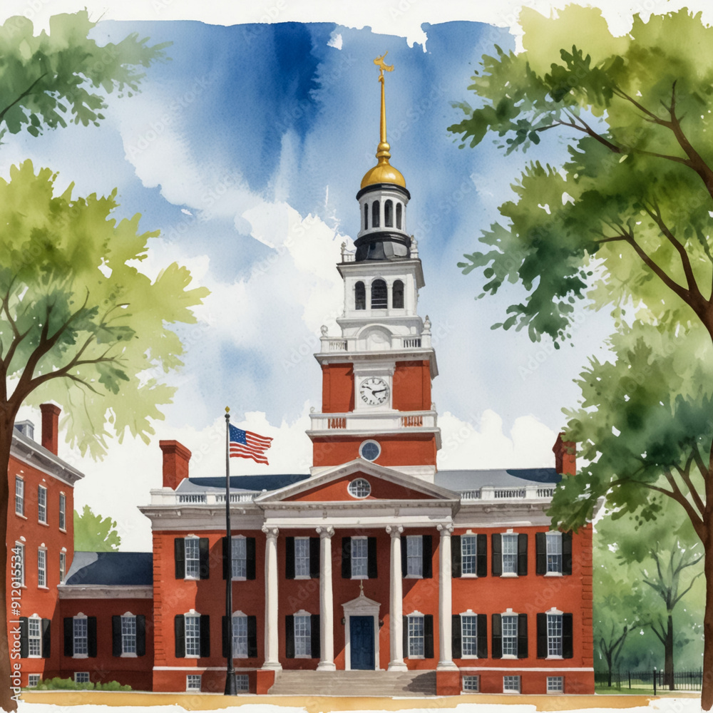 Watercolor illustration of Independence Hall in Philadelphia ...