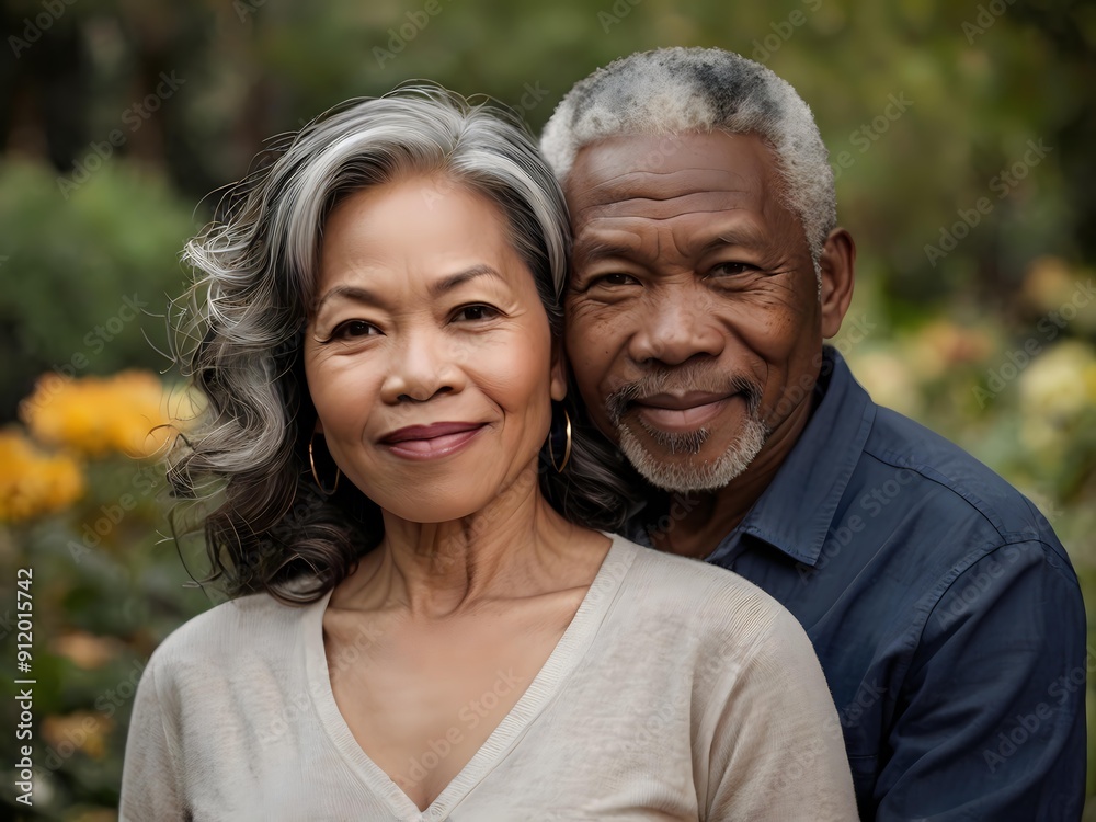 Portrait of a couple of black man from Africa and white woman from Asia, individuals of different races Portrait of a couple of black man from Africa and white woman from Asia, individuals of different races