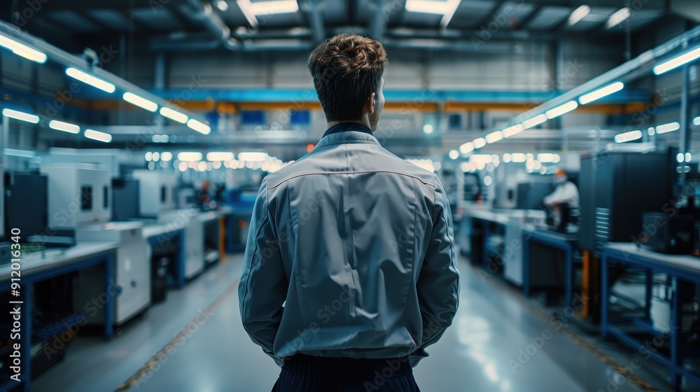 Engineer in Modern Industrial Factory, Back View of Professional in High-Tech Manufacturing Facility Engineer in Modern Industrial Factory, Back View of Professional in High-Tech Manufacturing Facility