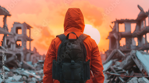 Man In Orange Jacket Walking Through Rubble And Debris