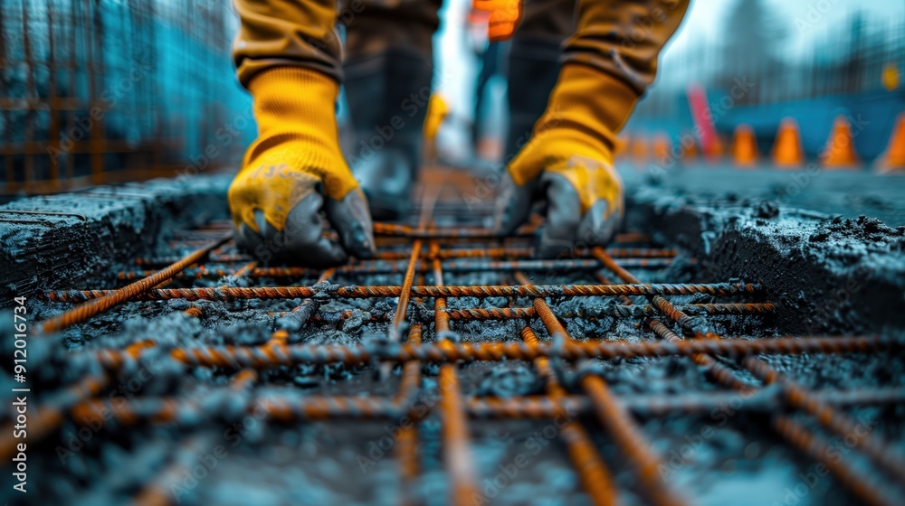 Worker Handling Rebar Mesh on Construction Site. Close-up of a worker handling rebar mesh on a construction site, showcasing the meticulous placement and hands-on labor involved. Worker Handling Rebar Mesh on Construction Site. Close-up of a worker handling rebar mesh on a construction site, showcasing the meticulous placement and hands-on labor involved.