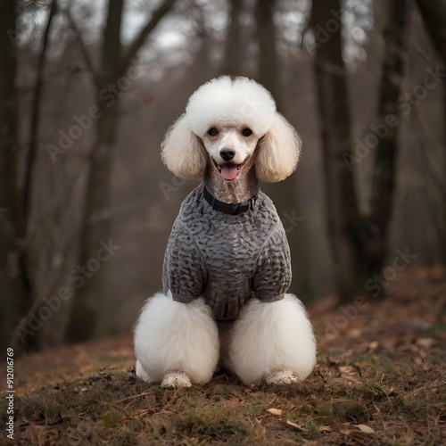 white poodle dog in the woods