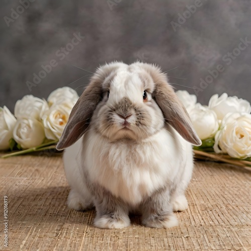 white holland lop rabbit with flowers