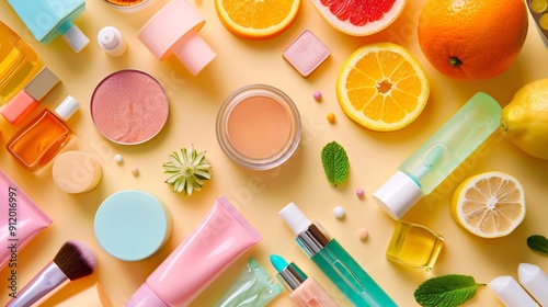 Flat lay of various bright and cheerful beauty products including makeup and skincare items