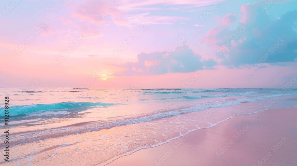 Fototapeta premium Beach and sea with a pastel sky: a serene coastal scene with a vibrant sunset over gentle waves.