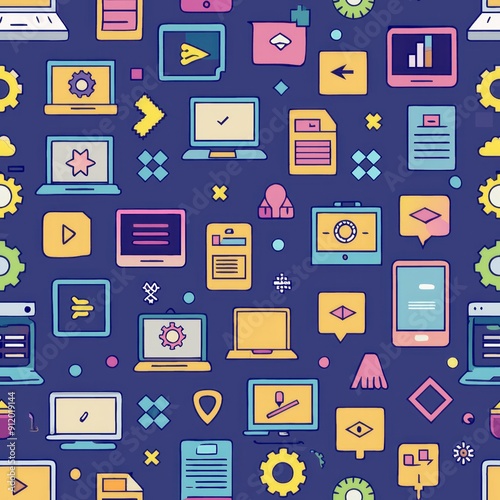 seamless pattern of computer screens and coding symbols, for tech-savvy designs