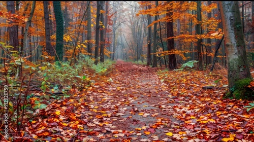 A dirt path winds through a forest on a misty autumn morning. The trees are full of red and orange leaves, and the ground is covered in fallen leaves. The light is soft and diffused, creating a peacef photo