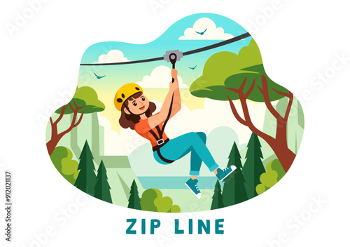 Zip Line Vector Illustration with Visitors Walking on an Obstacle Course and Outdoor Rope Adventure Park in a Forest on Flat Kids Cartoon Background