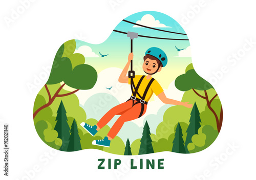 Zip Line Vector Illustration with Visitors Walking on an Obstacle Course and Outdoor Rope Adventure Park in a Forest on Flat Kids Cartoon Background