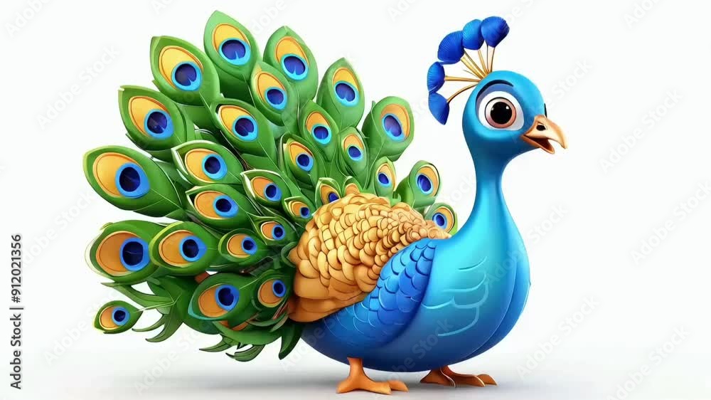3d cartoon design cute character of a peacock white Background 