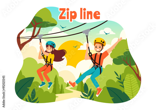 Zip Line Vector Illustration with Visitors Walking on an Obstacle Course and Outdoor Rope Adventure Park in a Forest on Flat Kids Cartoon Background