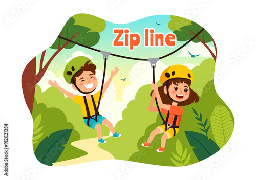 Zip Line Vector Illustration with Visitors Walking on an Obstacle Course and Outdoor Rope Adventure Park in a Forest on Flat Kids Cartoon Background