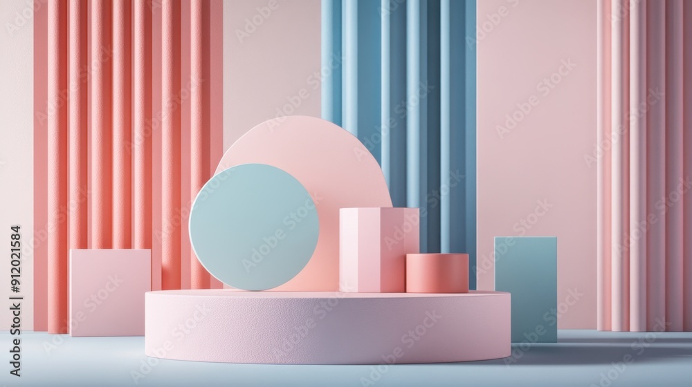 Pastel-colored geometric shapes arranged on a podium, creating a stylish mock-up scene for product display. Pastel-colored geometric shapes arranged on a podium, creating a stylish mock-up scene for product display.