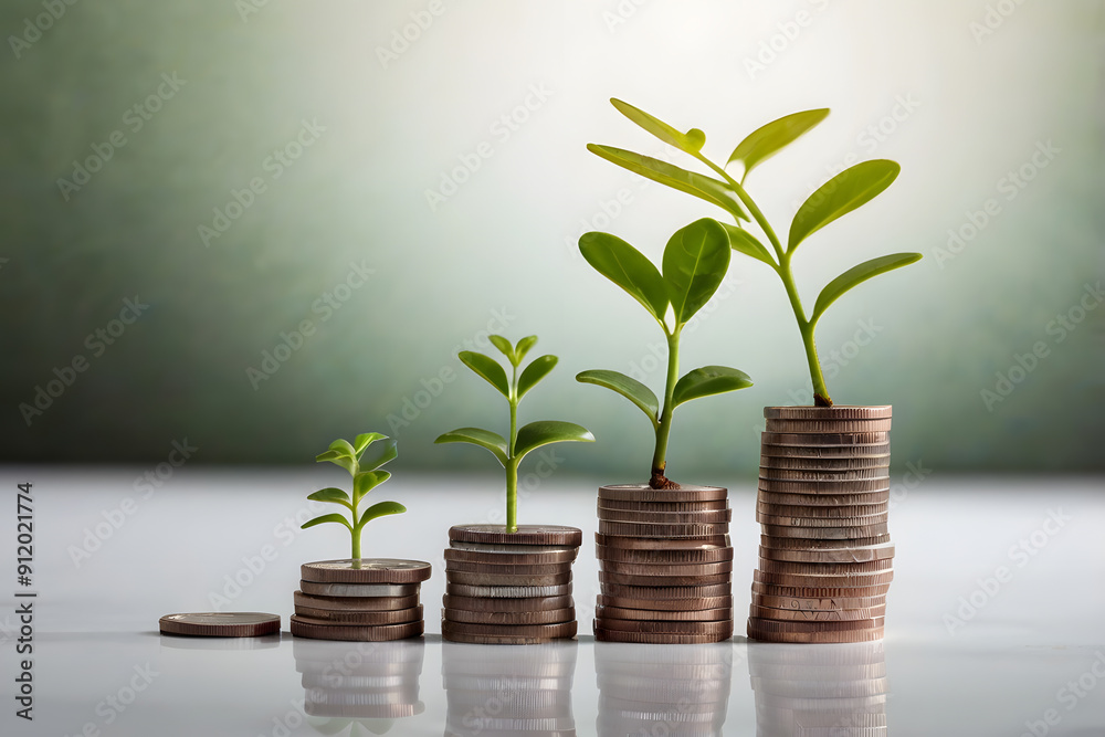 Stack of coins with a small plant growing on top, symbolizing savings and investment Stack of coins with a small plant growing on top, symbolizing savings and investment