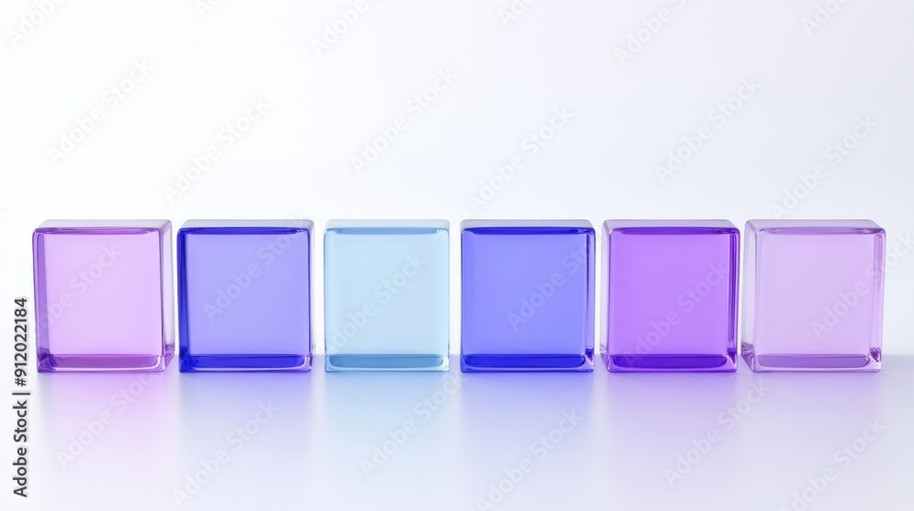 3D render of violet and blue square translucent glass shapes in a row on a white background 3D render of violet and blue square translucent glass shapes in a row on a white background