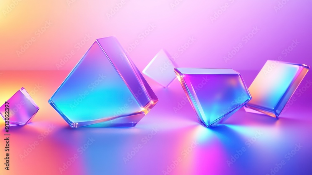 Abstract geometric 3D shapes with a thin film effect, holographic ...