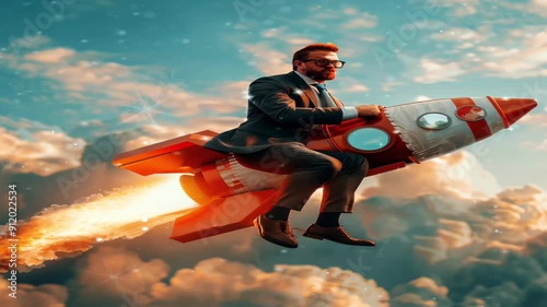 Employees riding a rocket with a background of sky and clouds with a plain minimalist theme, the concept of promotion, career, salary and business.
