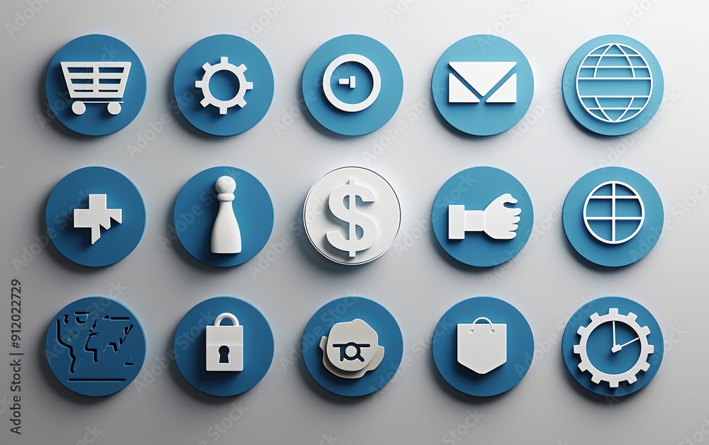 Ensure only specified icons stock market graph, dollar sign, handshake, briefcase, map marker, gear are included Ensure only specified icons stock market graph, dollar sign, handshake, briefcase, map marker, gear are included