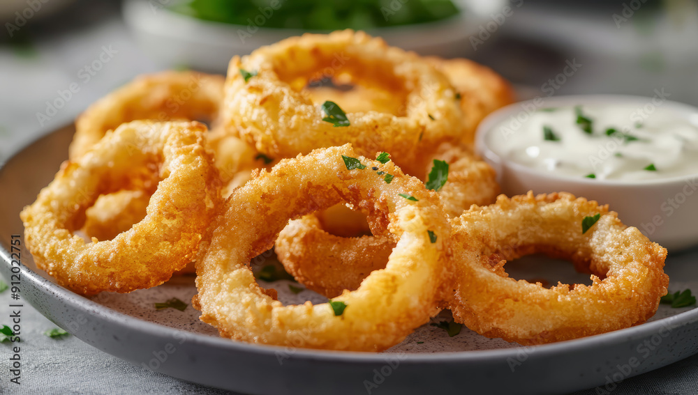Crispy Air-fried onion rings with dipping sauce Crispy Air-fried onion rings with dipping sauce