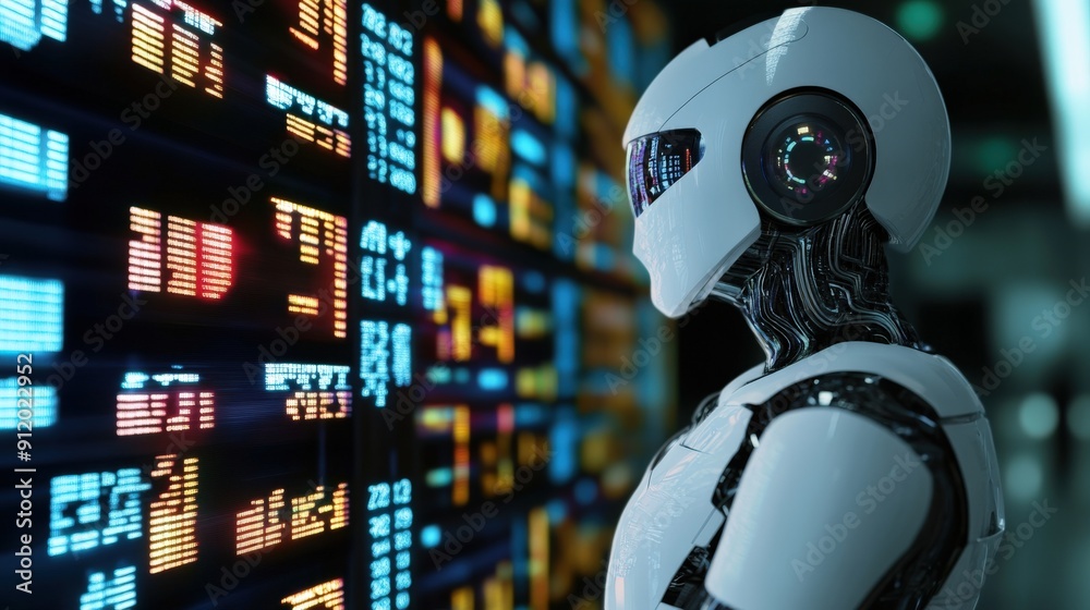 A White Robot Gazing at a Wall of Data A White Robot Gazing at a Wall of Data