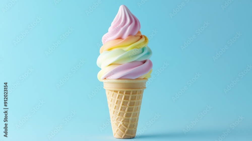 Colorful ice cream cone standing upright on a pastel blue background, perfect for summer and dessert themes. Colorful ice cream cone standing upright on a pastel blue background, perfect for summer and dessert themes.
