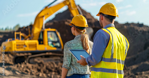 Workers in construction vests and hard hats at a building site, operating heavy machinery for mining or laying foundations. photo