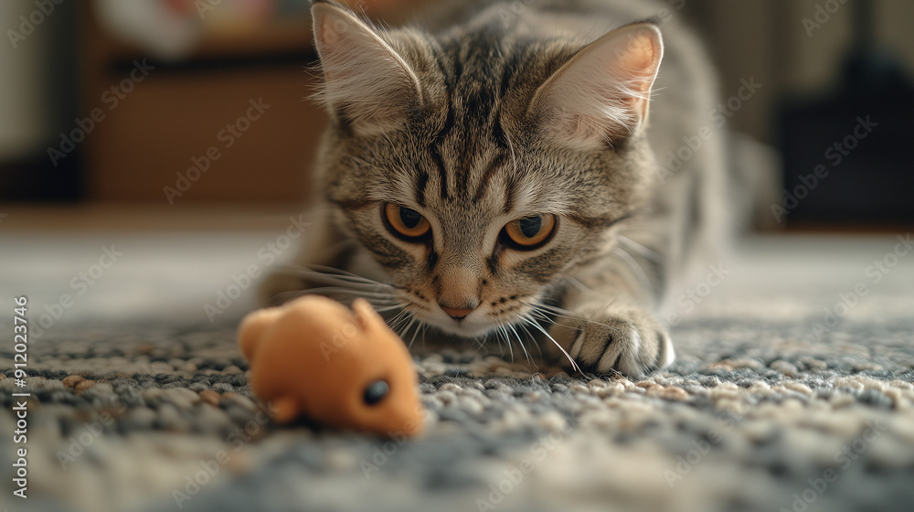 A cat playing with a toy mouse on a carpet. A cat playing with a toy mouse on a carpet.
