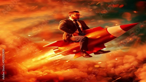 Employees riding a rocket with a background of sky and clouds with a plain minimalist theme, the concept of promotion, career, salary and business.