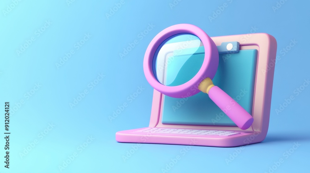 Minimal cartoon-style magnifying glass icon with a computer window, representing online search concepts in a playful 3D render Minimal cartoon-style magnifying glass icon with a computer window, representing online search concepts in a playful 3D render