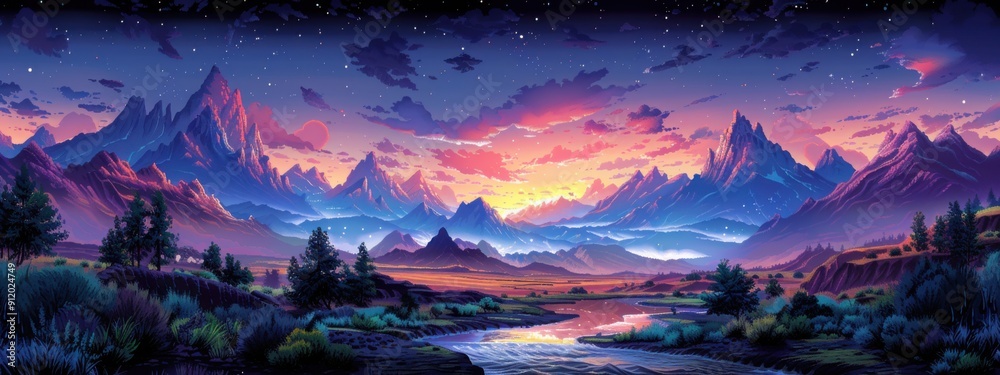pixel art scene of mountains over river, desert, video game scenery, vivid colors, orange, purple, green. pixel art scene of mountains over river, desert, video game scenery, vivid colors, orange, purple, green.