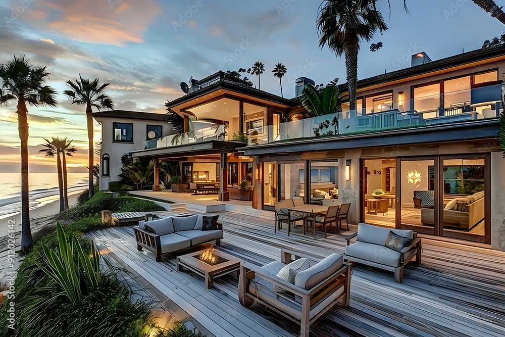 Fototapeta premium Luxury Beach House with Ocean Views and Fire Pit