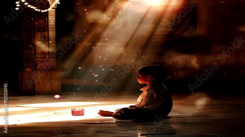 A small child prays in a mosque by getting guidance from the wall ventilation, a small Muslim child sits quietly with the help of lighting ventilation.