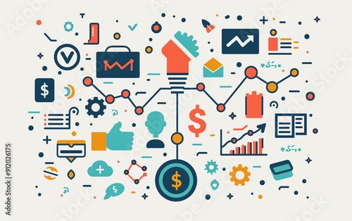 Simple illustration of lead sourcing with a powerful magnet pulling icons stock market graph, dollar sign, handshake, briefcase, map marker, and gear