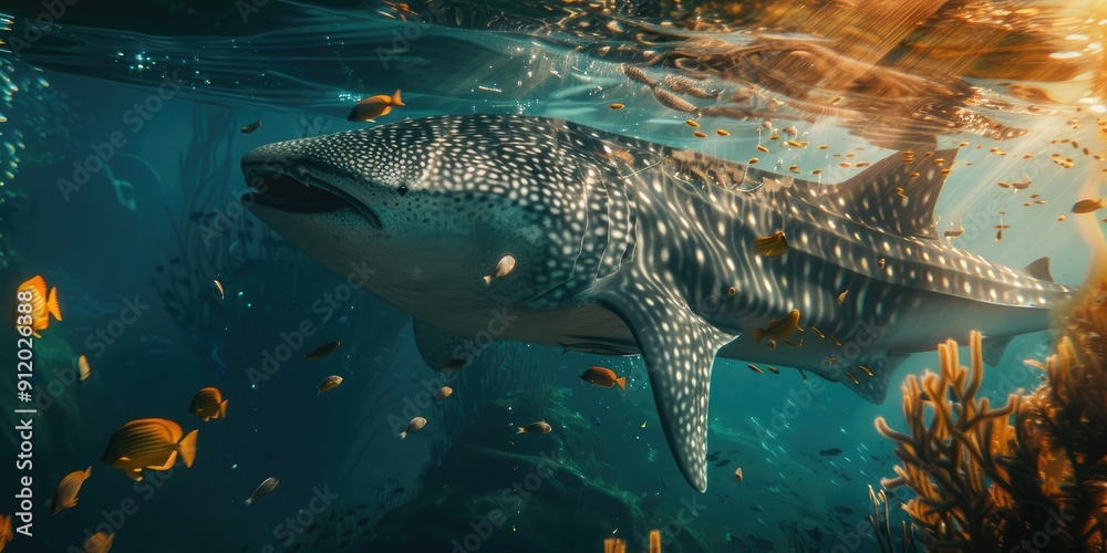 A stunning whale shark the largest of contemporary fish in motion as it preys on a sea bass up close A stunning whale shark the largest of contemporary fish in motion as it preys on a sea bass up close