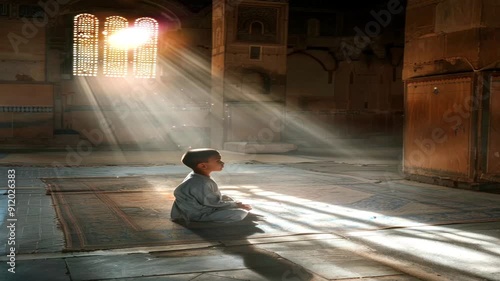 A small child prays in a mosque by getting guidance from the wall ventilation, a small Muslim child sits quietly with the help of lighting ventilation.