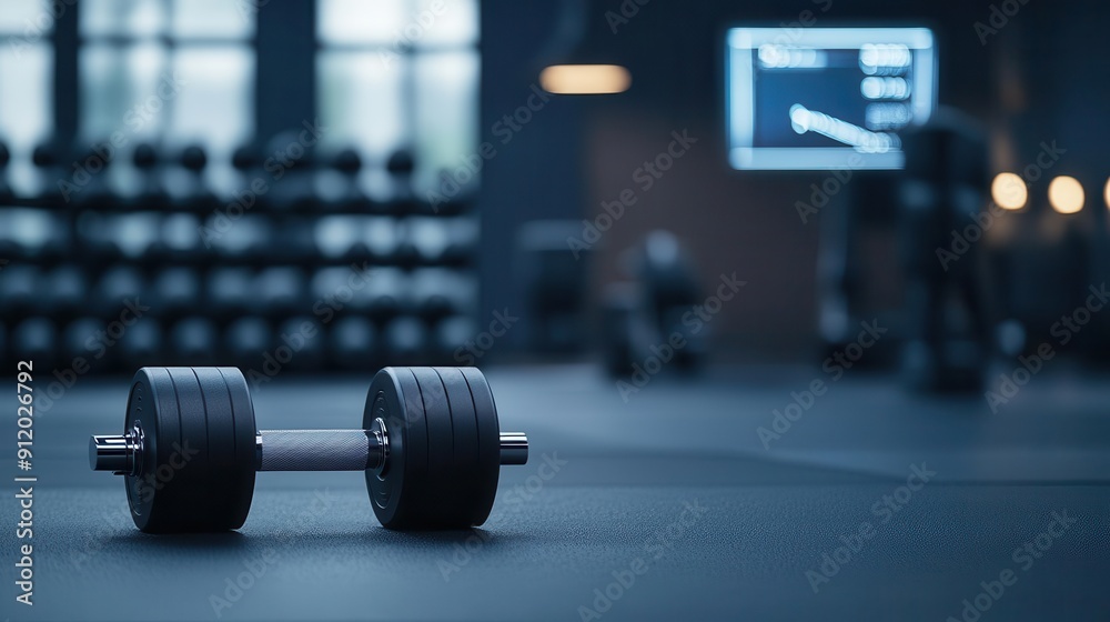 Home gym with smart fitness equipment, 3D display of workout stats and progress, high-tech and motivating setup Home gym with smart fitness equipment, 3D display of workout stats and progress, high-tech and motivating setup