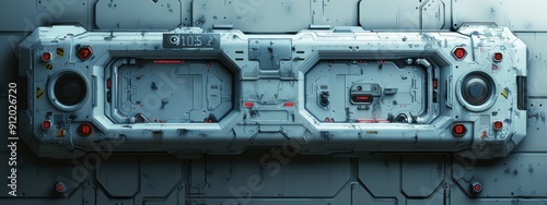 The backside of an empty futuristic silver metal frame with a white screen, a game UI design concept on a white background with red edges.
