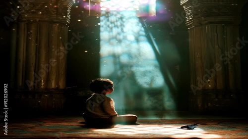 A small child prays in a mosque by getting guidance from the wall ventilation, a small Muslim child sits quietly with the help of lighting ventilation.