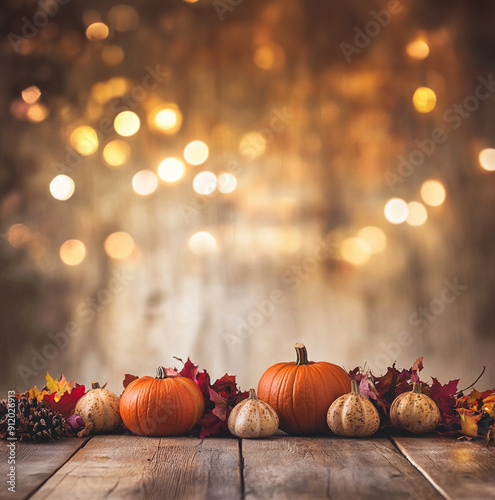 pumpkins on wood floor with out of focus lights in the distance for photo backdrop background photo